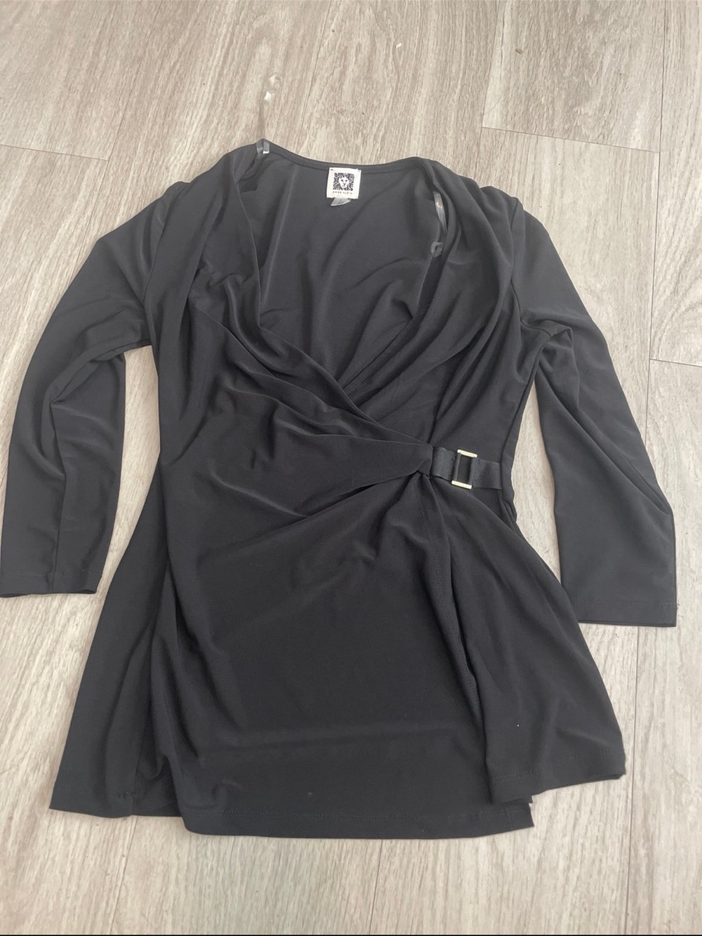Anne Klein Black Draped Wrap Top with Buckle Detail